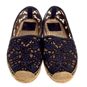 Tory Burch Lucia Lace Navy Blue and Black Espadrilles Slip On Flats